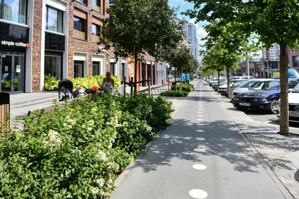 Велодорожки отделены от пешеходной части с помощью растений Велодорожки отделены от пешеходной части с помощью растений